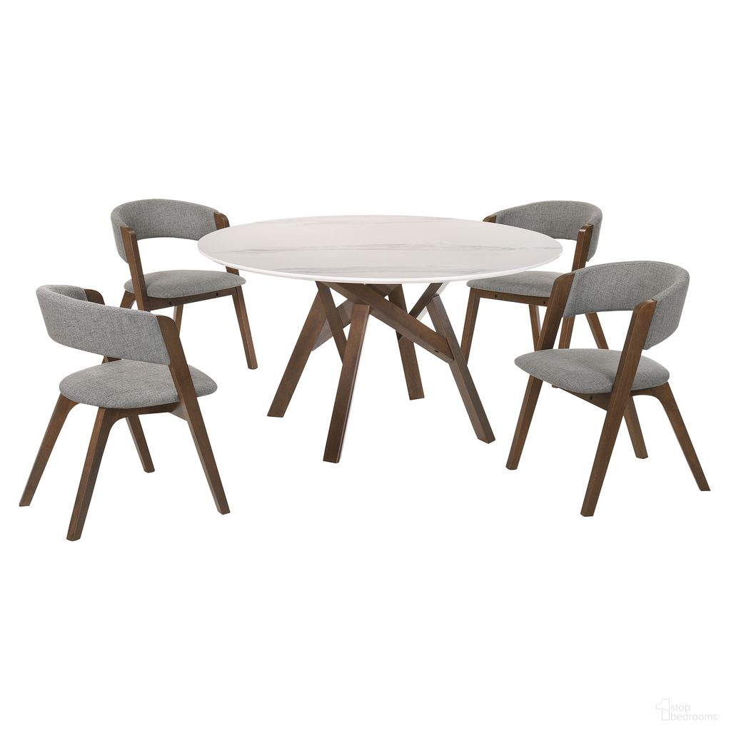 The appearance of Venus and Rowan 5-Piece Walnut and Marble Round Dining Set designed by Armen Living in the modern / contemporary interior design. This gray/brown piece of furniture was selected by 1StopBedrooms from Venus Collection to add a touch of cosiness and style into your home. Sku: LCVEDIWABX1;LCVEDIWABX2;LCRWSIGRWA;LCRWSIGRWA. Material: Marble.