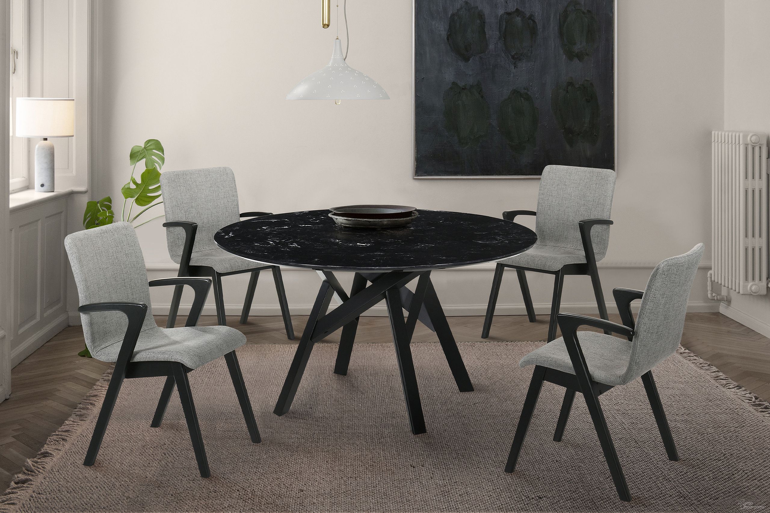 The appearance of Venus and Varde 5-Piece Black Marble Round Dining Set designed by Armen Living in the modern / contemporary interior design. This black/grey piece of furniture  was selected by 1StopBedrooms from Venus Collection to add a touch of cosiness and style into your home. Sku: LCVEDIBLKBX1;LCVEDIBLKBX2;LCVRSIGRBL;LCVRSIGRBL. Material: Marble.