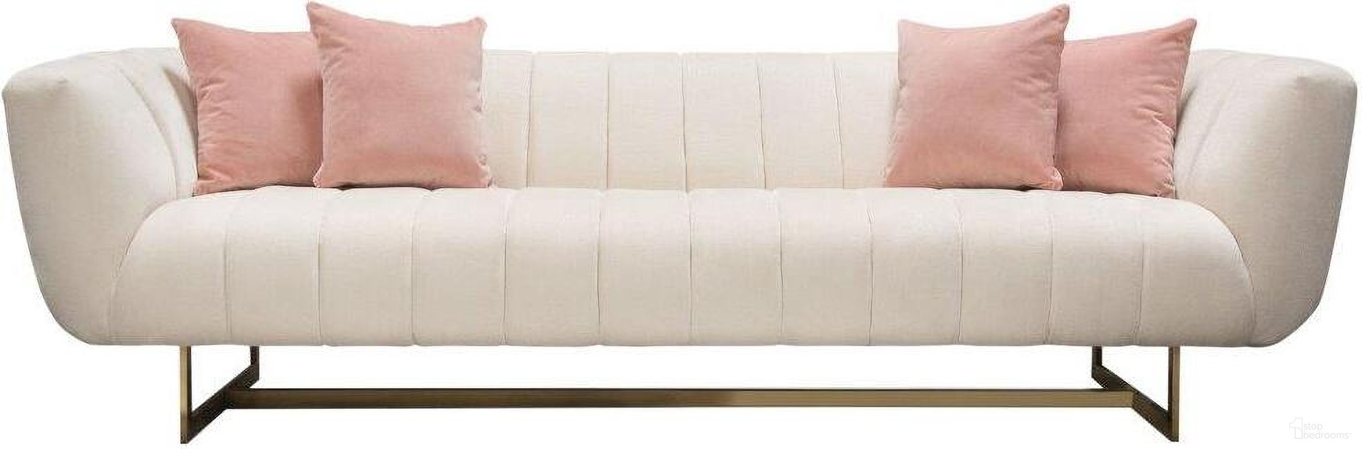 The appearance of Venus Cream Fabric Sofa With Contrasting Pillows And Gold Finished Metal Base designed by Diamond Sofa in the modern / contemporary interior design. This cream piece of furniture  was selected by 1StopBedrooms from Venus Collection to add a touch of cosiness and style into your home. Sku: VENUSSOCM. Material: Fabric.