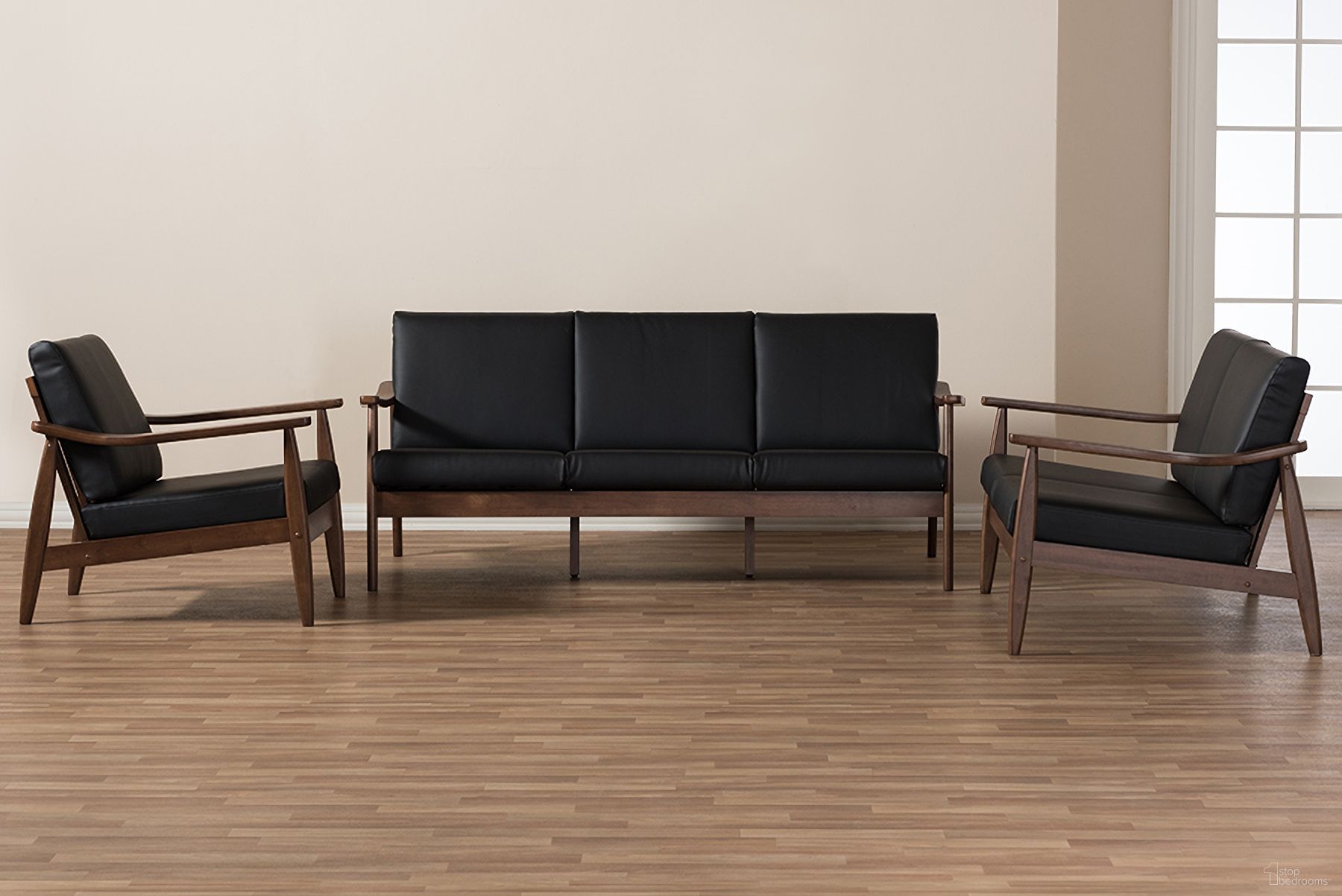 Venza Mid-Century Modern Walnut Wood Black Faux Leather 3-Piece Living Room Set