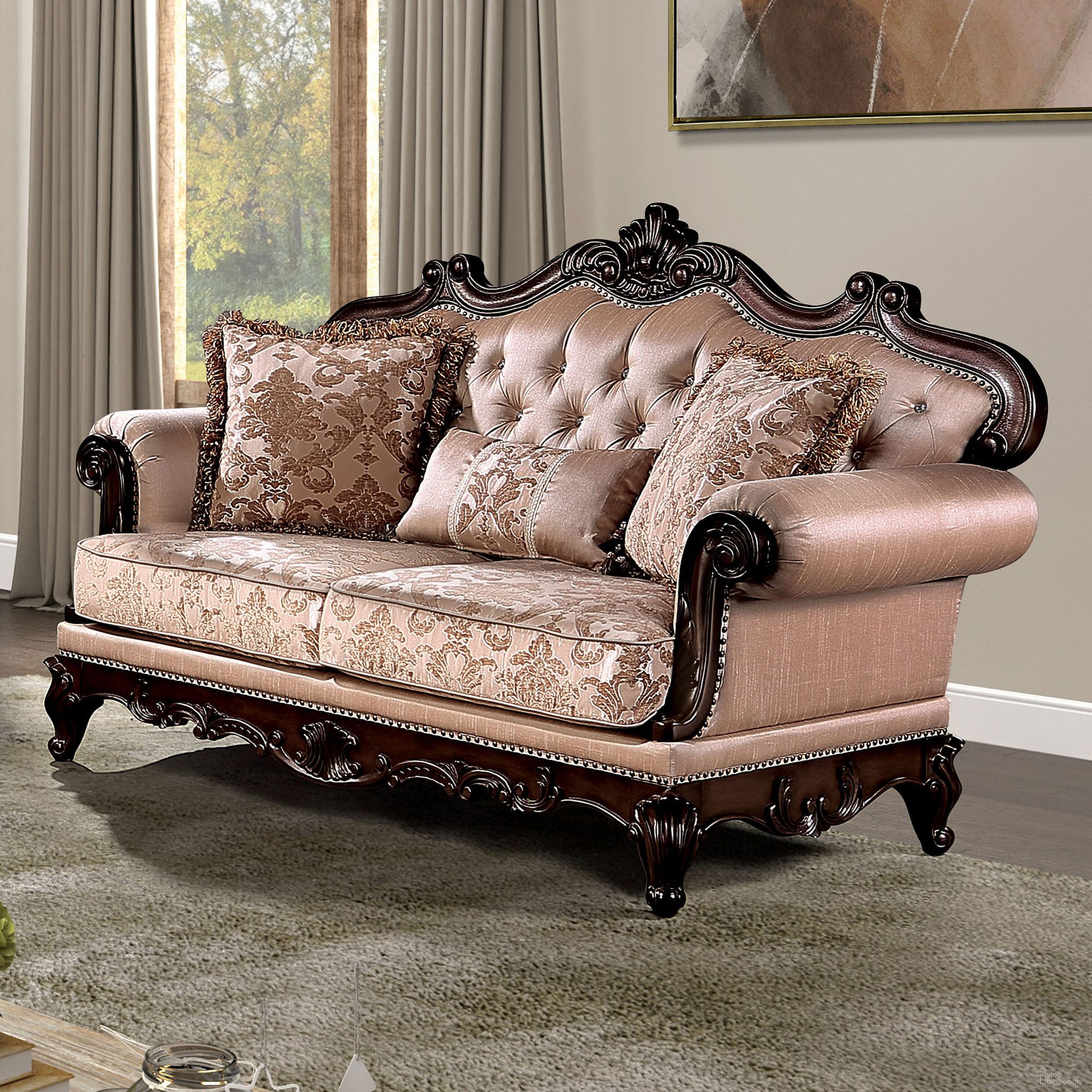 The appearance of Veracruz Loveseat In Dark Cherry and Light Brown designed by Furniture of America in the traditional interior design. This dark cherry and light brown piece of furniture was selected by 1StopBedrooms from Veracruz Collection to add a touch of cosiness and style into your home. Sku: FM65002BR-LV. Material: Fabric.