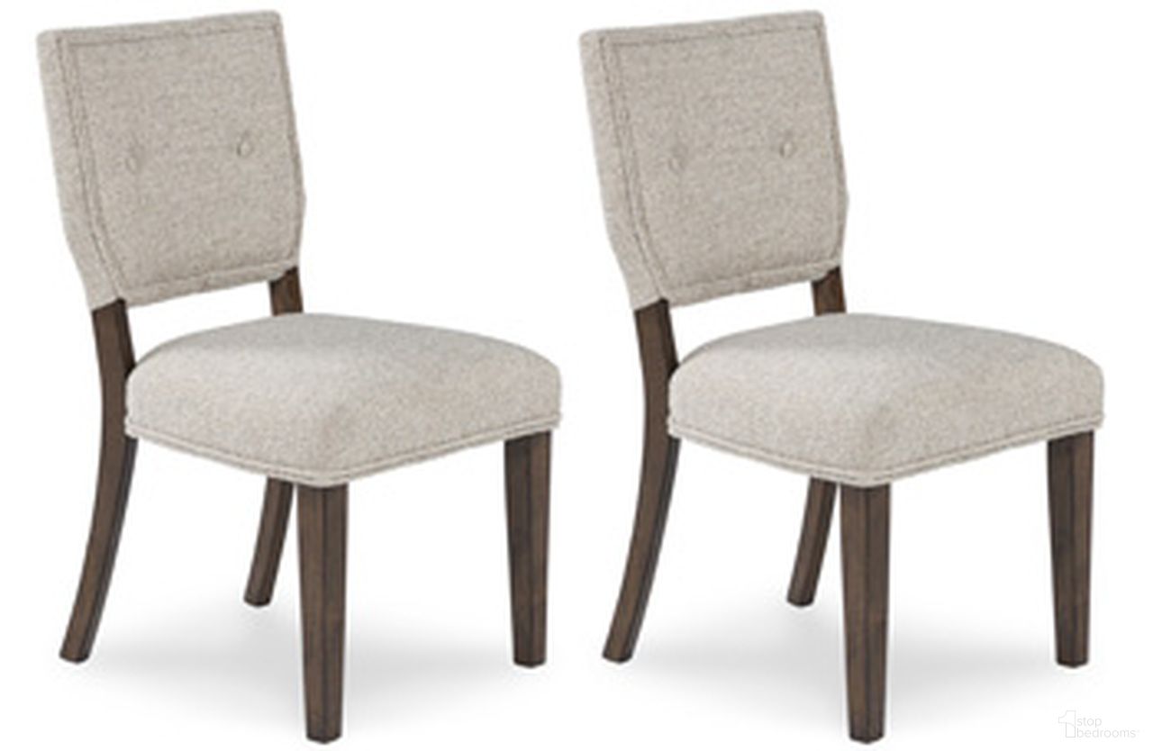 The appearance of Veramond Dining Chair Set of 2 In Grey and Dark Brown designed by Signature Design by Ashley in the traditional interior design. This grey and dark brown piece of furniture  was selected by 1StopBedrooms from Veramond Collection to add a touch of cosiness and style into your home. Sku: D694-02. Material: Fabric. Chair Type: Side Chair.