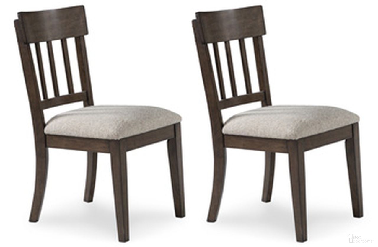 The appearance of Veramond Dining Chair Set of 2 In Grey and Dark Brown designed by Signature Design by Ashley in the traditional interior design. This grey and dark brown piece of furniture  was selected by 1StopBedrooms from Veramond Collection to add a touch of cosiness and style into your home. Sku: D694-01. Material: Fabric. Chair Type: Side Chair.