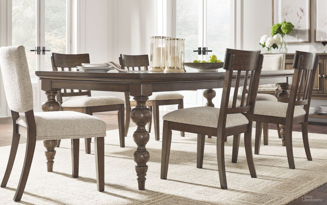 The appearance of Veramond Dining Table and 4 Chairs In Dark Brown designed by Signature Design by Ashley in the traditional interior design. This dark brown piece of furniture was selected by 1StopBedrooms from Veramond Collection to add a touch of cosiness and style into your home. Sku: D694-35;D694-02;D694-02. Material: Wood.