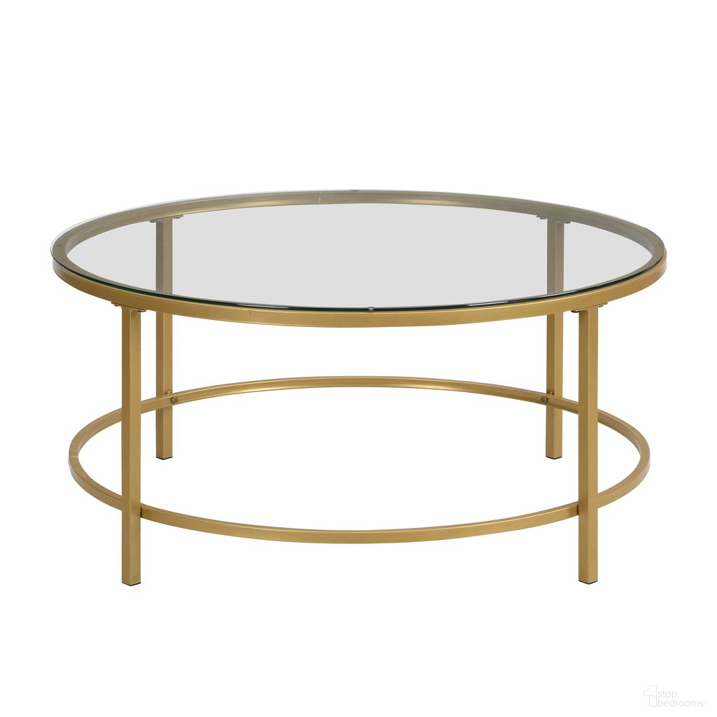 The appearance of Verazano Glass Top 36 Inch Round Coffee Table In Clear and Gold designed by Carolina Living in the modern / contemporary interior design. This clear/gold piece of furniture was selected by 1StopBedrooms from Verazano Collection to add a touch of cosiness and style into your home. Sku: CT3616G-GLD. Material: Tempered Glass.
