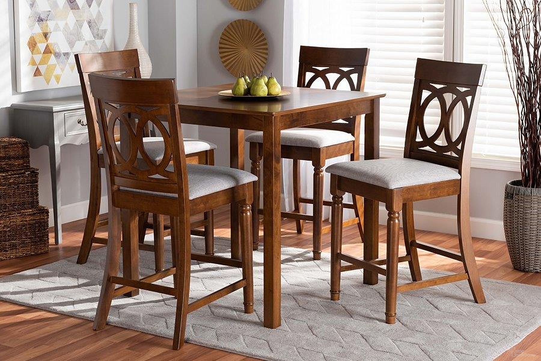 Verina Modern and Contemporary Grey Fabric Upholstered Walnut Brown Finished 5-Piece Wood Pub Set
