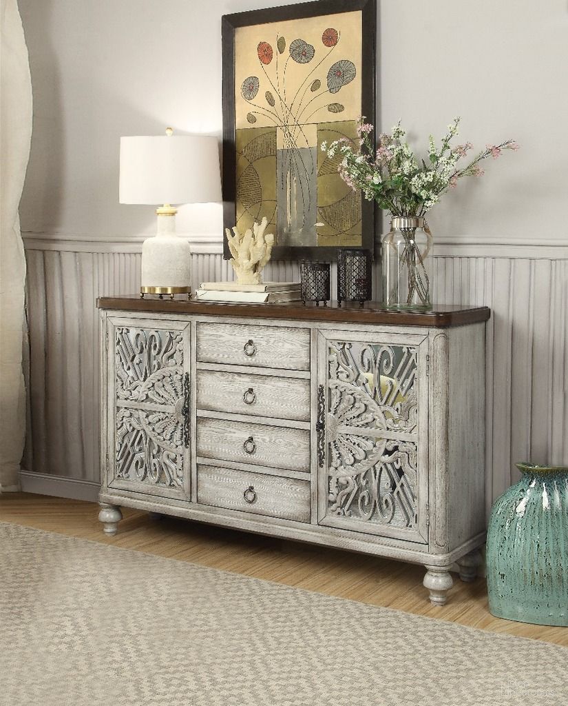 The appearance of Vermont Antique White 4 Drawer Console Table designed by ACME in the rustic / southwestern interior design. This white piece of furniture  was selected by 1StopBedrooms from Vermont Collection to add a touch of cosiness and style into your home. Sku: 90288. Material: Wood.