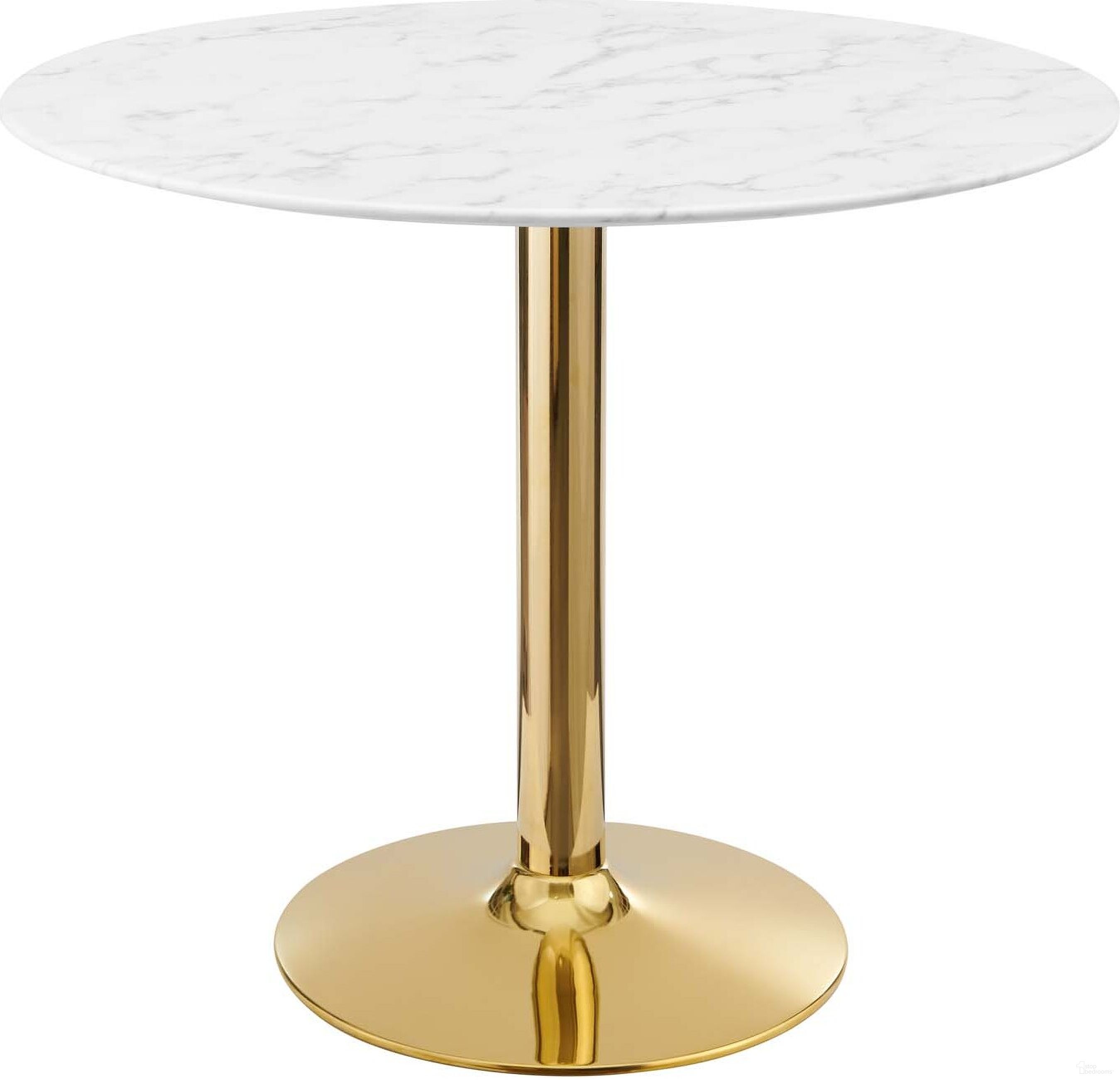 The appearance of Verne 35 Inch Artificial Marble Dining Table In Gold/White designed by Modway in the modern / contemporary interior design. This gold white piece of furniture  was selected by 1StopBedrooms from Verne Collection to add a touch of cosiness and style into your home. Sku: EEI-1129-WHI-TOP;EEI-4072-GLD-BASE. Table Base Style: Pedestal. Table Top Shape: Round. Material: Metal. Size: 35".