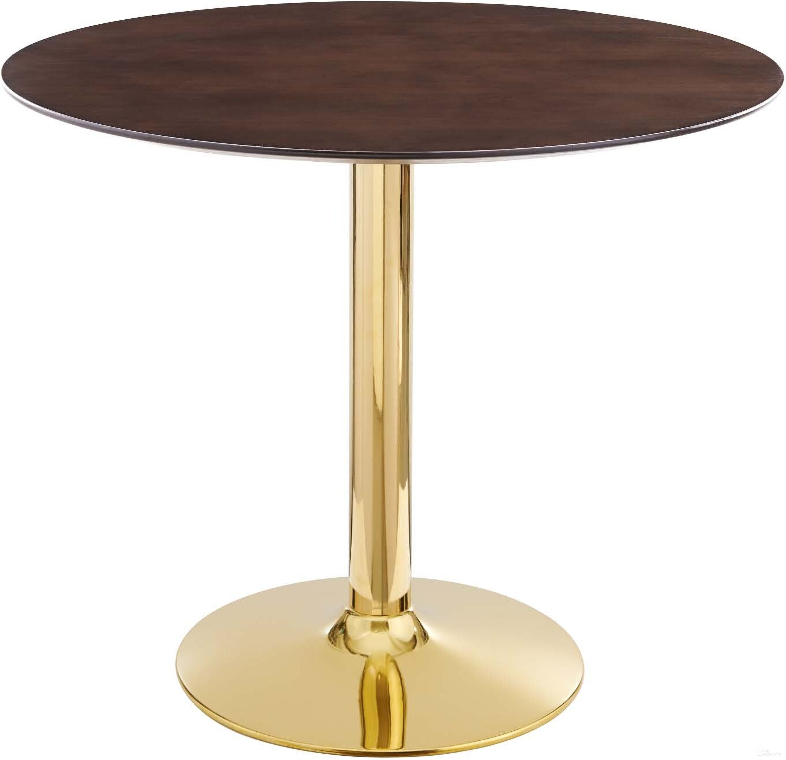 The appearance of Verne 35 Inch Dining Table In Gold/Cherry Walnut designed by Modway in the modern / contemporary interior design. This gold cherry walnut piece of furniture  was selected by 1StopBedrooms from Verne Collection to add a touch of cosiness and style into your home. Sku: EEI-4049-CHE-TOP;EEI-4072-GLD-BASE. Table Base Style: Pedestal. Table Top Shape: Round. Material: MDF. Size: 35".