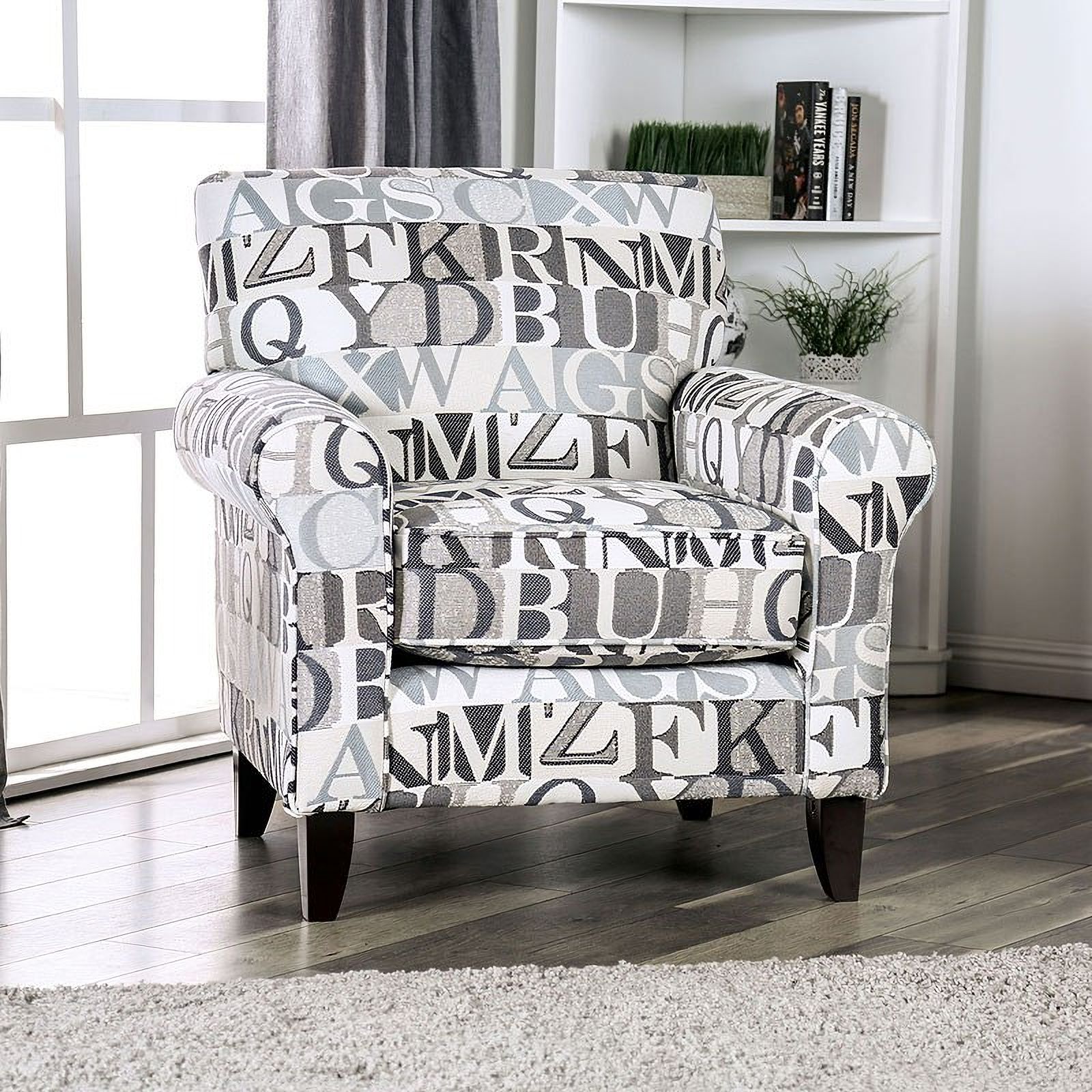 The appearance of Verne Letters Chair designed by Furniture of America in the transitional interior design. This white and gray piece of furniture was selected by 1StopBedrooms from Verne Collection to add a touch of cosiness and style into your home. Sku: SM8330-CH-LT. Material: Fabric.