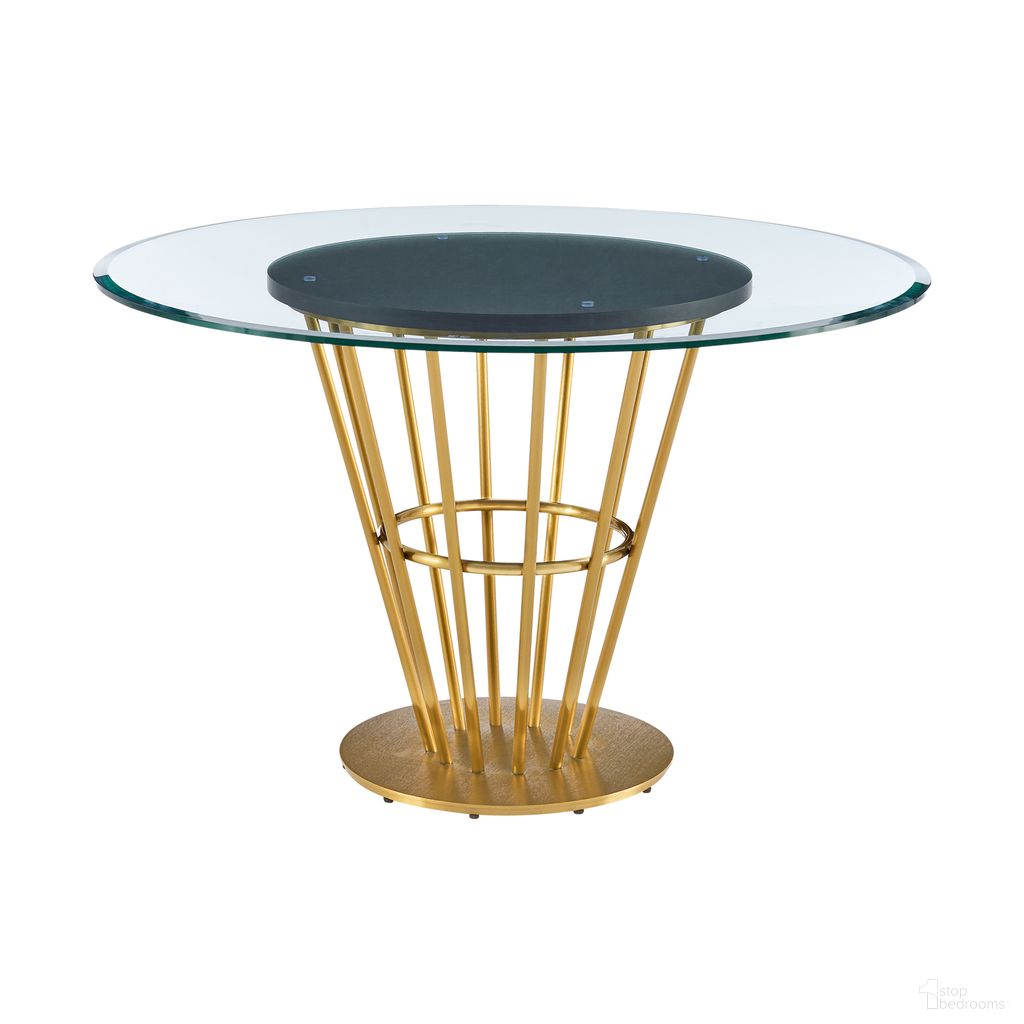 The appearance of Veronica 48 Inch Round Dining Table In Gold Stainless Steel Base with Walnut Panel and Glass Tabletop designed by Armen Living in the modern / contemporary interior design. This walnut piece of furniture  was selected by 1StopBedrooms from Veronica Collection to add a touch of cosiness and style into your home. Sku: LCVRDIBGLTOP;LCVRDIBGLPAN;LCVRDIBGLBASE. Table Base Style: Pedestal. Table Top Shape: Round. Material: Stainless Steel. Size: 48".