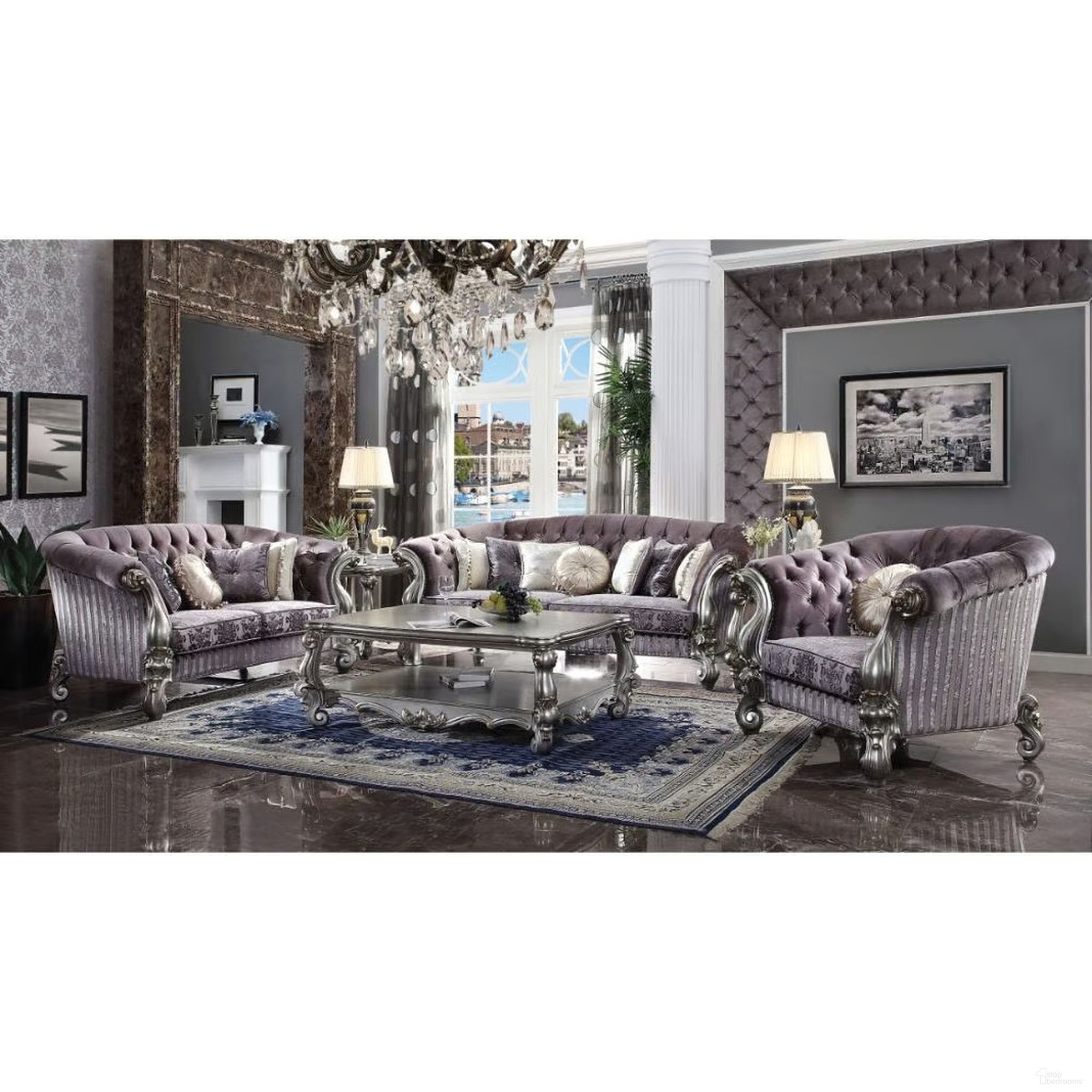 The appearance of Versailles Antique Living Room Set In Platinum designed by ACME in the rustic / southwestern interior design. This antique platinum piece of furniture was selected by 1StopBedrooms from Versailles Collection to add a touch of cosiness and style into your home. Sku: 56825;56826. Material: Upholstered.