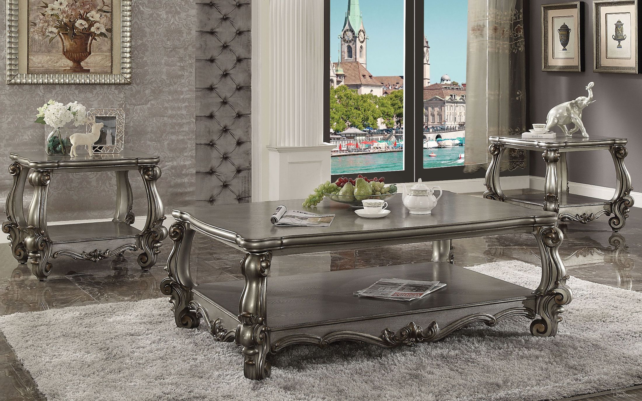 The appearance of Versailles Antique Occasional Table Set In Platinum designed by ACME in the rustic / southwestern interior design. This silver piece of furniture  was selected by 1StopBedrooms from Versailles Collection to add a touch of cosiness and style into your home. Sku: 86820;86822. Material: Wood.