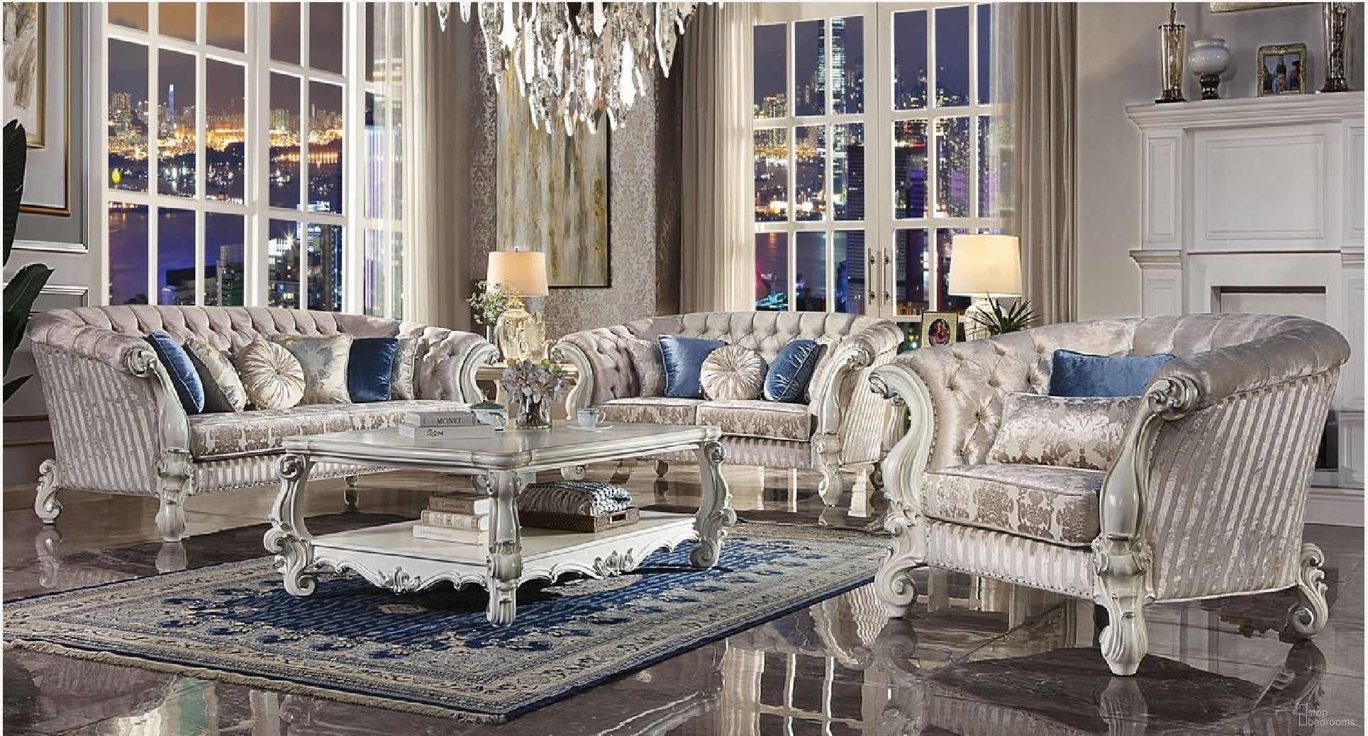 The appearance of Versailles Living Room Set In Ivory and White designed by ACME in the transitional interior design. This ivory and white piece of furniture was selected by 1StopBedrooms from Versailles Collection to add a touch of cosiness and style into your home. Sku: LV01394;LV01395. Material: Wood.