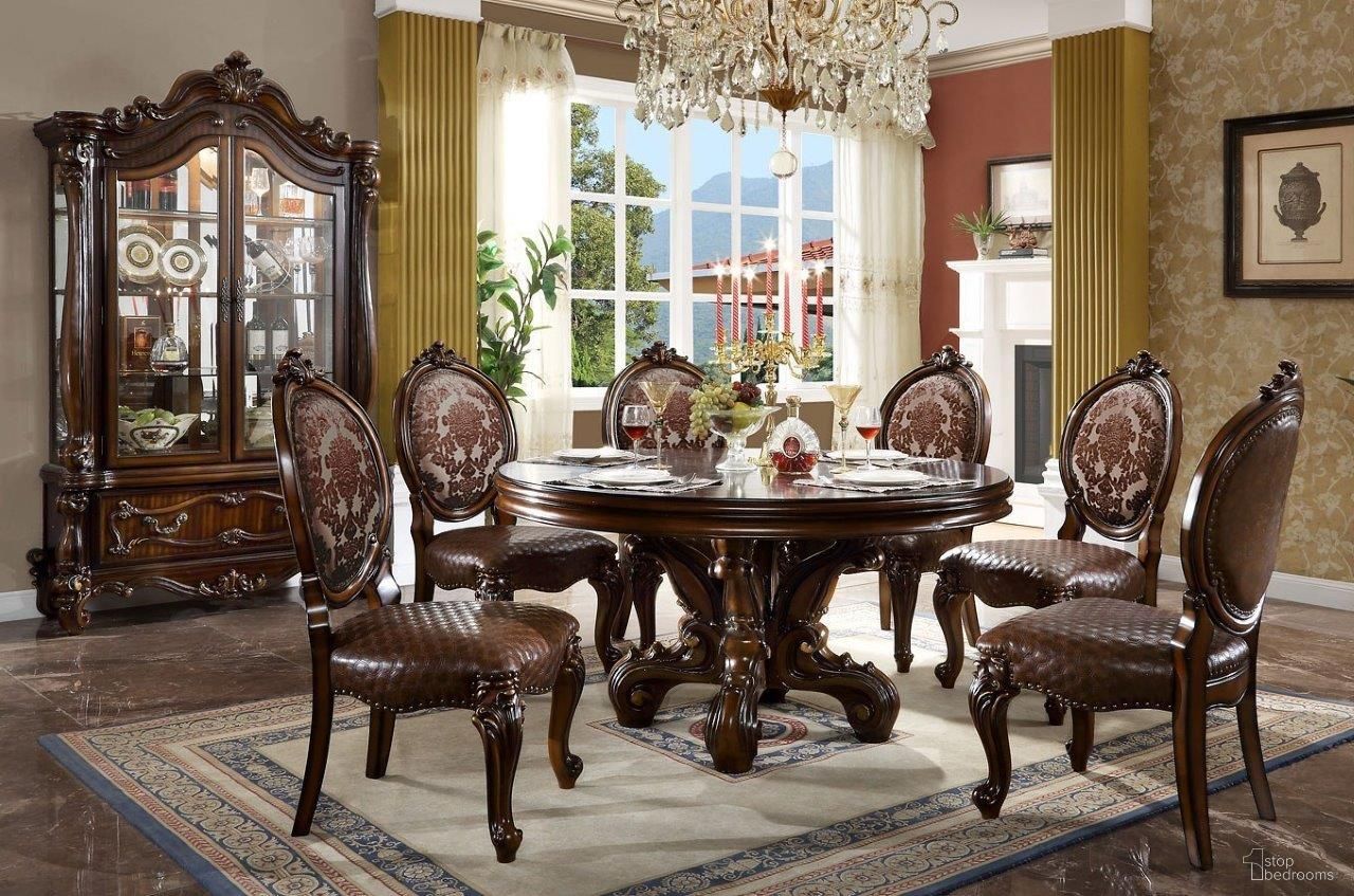 The appearance of Versailles Round Dining Room Set (Cherry Oak) designed by ACME in the transitional interior design. This cherry oak piece of furniture was selected by 1StopBedrooms from Versailles Collection to add a touch of cosiness and style into your home. Sku: DN01391-1;DN01391-2;DN01392. Table Base Style: Pedestal. Table Top Shape: Round. Material: Wood. Size: 60".