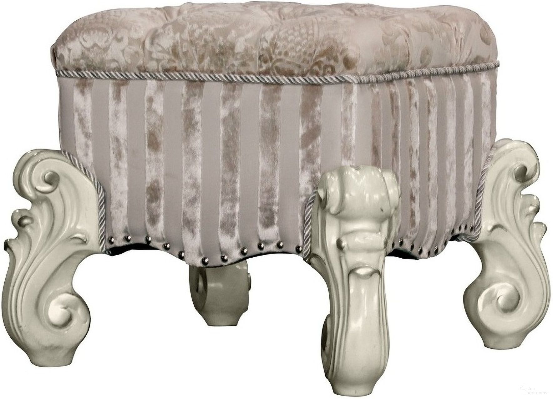 The appearance of Versailles Vanity Stool In Ivory Fabric and Bone White designed by ACME in the rustic / southwestern interior design. This bone white piece of furniture was selected by 1StopBedrooms from Versailles Collection to add a touch of cosiness and style into your home. Sku: 21138. Material: Wood.