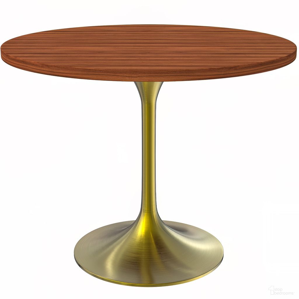 The appearance of Verve 36 Inch Round Dining Table with MDF Top In Gold and Cognac Brown designed by LeisureMod in the modern / contemporary interior design. This gold/cognac brown piece of furniture  was selected by 1StopBedrooms from Verve Collection to add a touch of cosiness and style into your home. Sku: VT20BG-36CBR. Table Base Style: Pedestal. Table Top Shape: Round. Material: MDF. Size: 36".