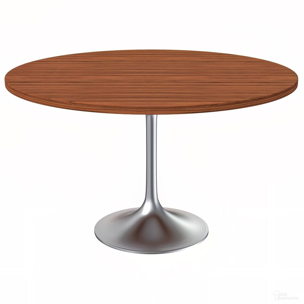 The appearance of Verve 48 Inch Round Dining Table with MDF Top In Chrome and Cognac Brown designed by LeisureMod in the modern / contemporary interior design. This chrome/cognac brown piece of furniture  was selected by 1StopBedrooms from Verve Collection to add a touch of cosiness and style into your home. Sku: VT23BS-48CBR. Table Base Style: Pedestal. Table Top Shape: Round. Material: MDF. Size: 48".