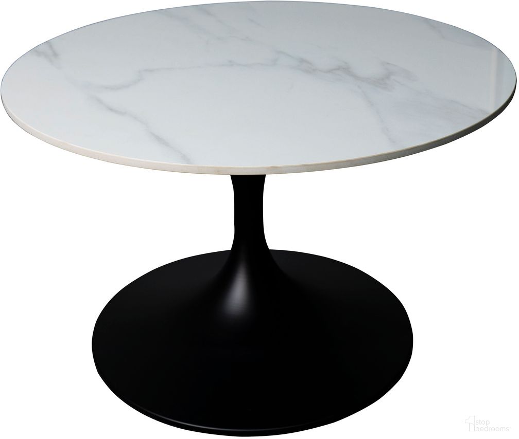 The appearance of Verve Coffee Table with Black Base and 27 Inch Round White Sintered Stone Top designed by LeisureMod in the modern / contemporary interior design. This white piece of furniture  was selected by 1StopBedrooms from Verve Collection to add a touch of cosiness and style into your home. Sku: VT17BL-27WS. Material: Stone.