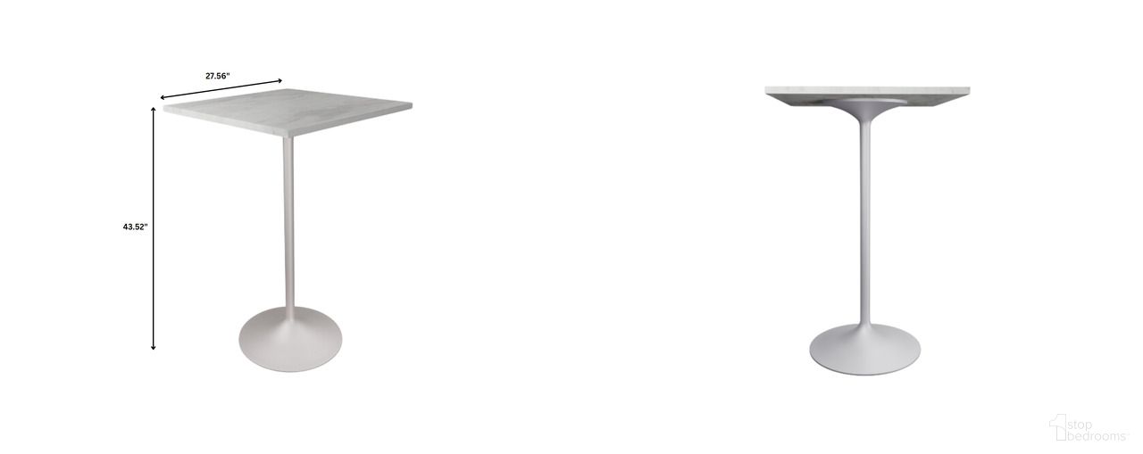 Verve Modern Bar Height Table with White Base and 27 Inch Square Marbleized White Laminated Top