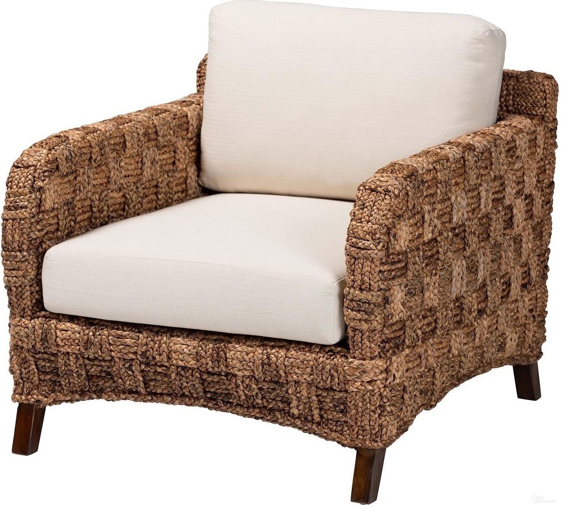 The appearance of Vevina Wood and Seagrass Armchair In White and Natural Brown designed by Baxton Studio in the bohemian interior design. This white/natural brown/dark brown piece of furniture  was selected by 1StopBedrooms from Vevina Collection to add a touch of cosiness and style into your home. Sku: DCWH 10016-Natural/White Cushions-CC. Material: Woven.