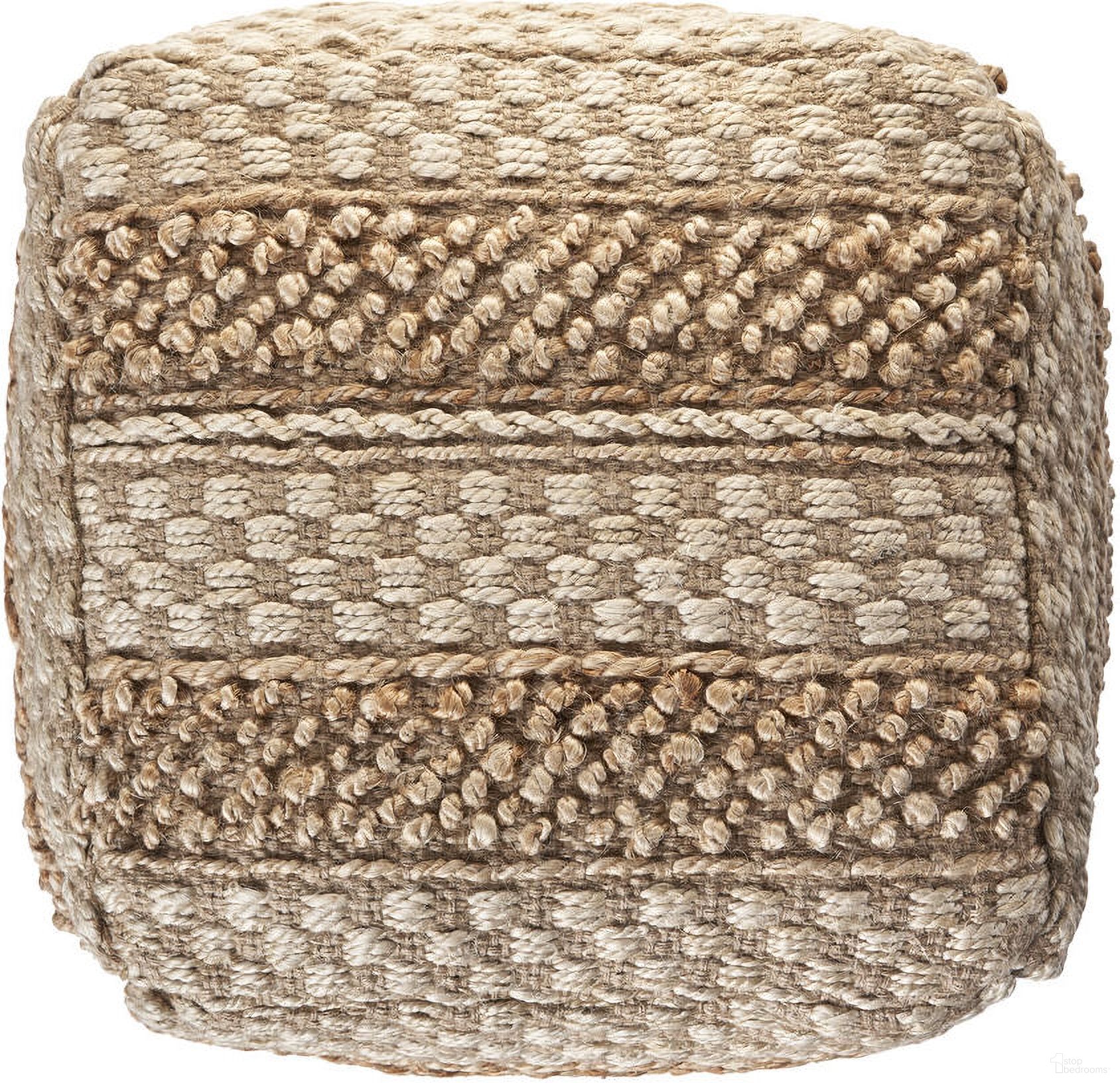 The appearance of Vexo Striped Hand-Woven All-Natural Jute Blend Ottoman Pouf In Tan and Cream designed by Rajani Home in the modern / contemporary interior design. This tan and cream piece of furniture was selected by 1StopBedrooms from Bova Collection to add a touch of cosiness and style into your home. Sku: 4C033808G49348. Material: Jute.