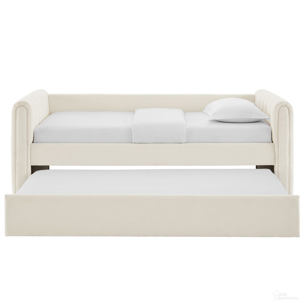 The appearance of Veyla Channel Tufted Boucle Twin Daybed With Trundle In Cloud designed by Modway in the transitional interior design. This cloud piece of furniture was selected by 1StopBedrooms from Veyla Collection to add a touch of cosiness and style into your home. Sku: MOD-7235-CLO-1;MOD-7235-CLO-2;MOD-7235-CLO-3. Bed Type: Daybed. Bed Size: Twin. Material: Boucle.