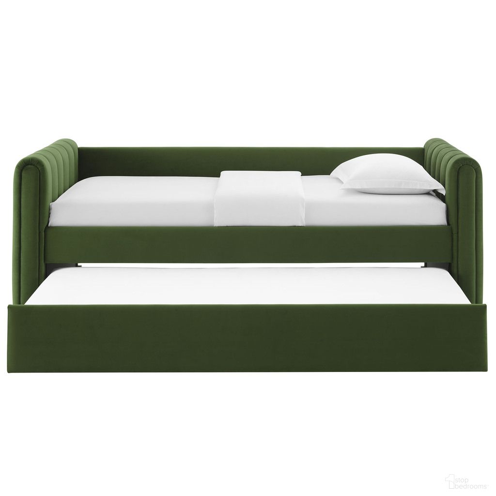 The appearance of Veyla Channel Tufted Performance Velvet Twin Daybed With Trundle In Moss Green designed by Modway in the transitional interior design. This moss green piece of furniture was selected by 1StopBedrooms from Veyla Collection to add a touch of cosiness and style into your home. Sku: MOD-7234-MOG-1;MOD-7234-MOG-2;MOD-7234-MOG-3. Bed Type: Daybed. Bed Size: Twin. Material: Velvet.