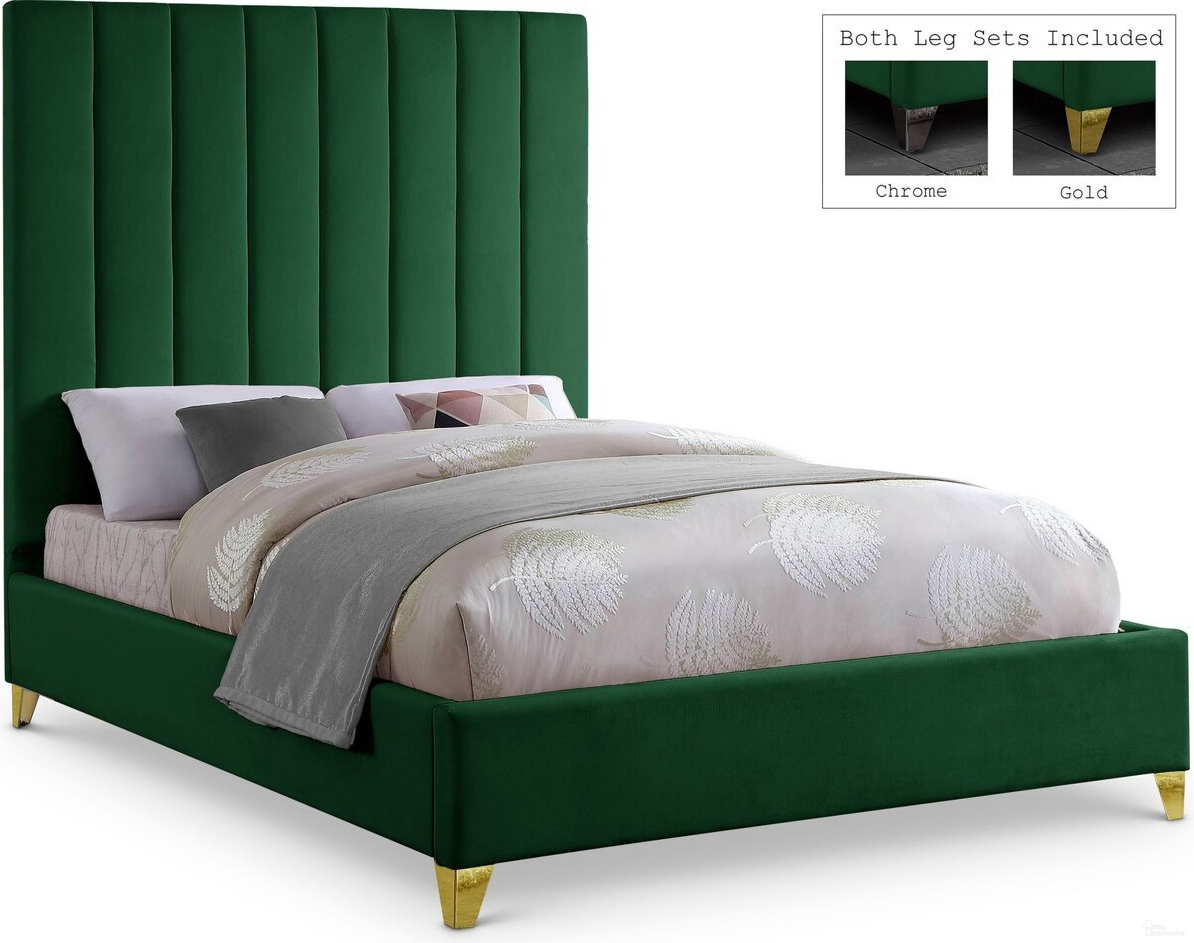 The appearance of Via Velvet Queen Bed In Green designed by Meridian in the modern / contemporary interior design. This green piece of furniture  was selected by 1StopBedrooms from Via Collection to add a touch of cosiness and style into your home. Sku: ViaGreen-Q Box 1/2 (HB/Slats);ViaGreen-Q Box 2/2 (Sidrails/FB/Metal Bar/Hardware/Legs). Bed Type: Platform Bed. Bed Size: Queen. Material: Velvet.