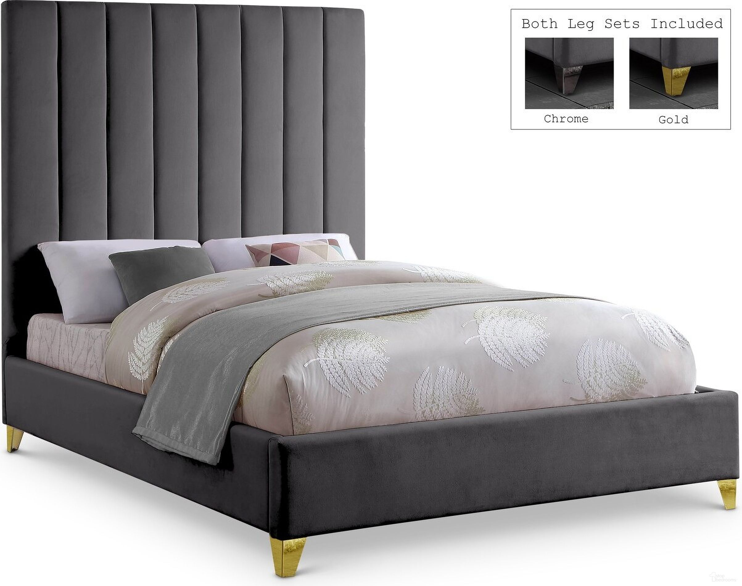 Via Velvet Queen Bed In Grey