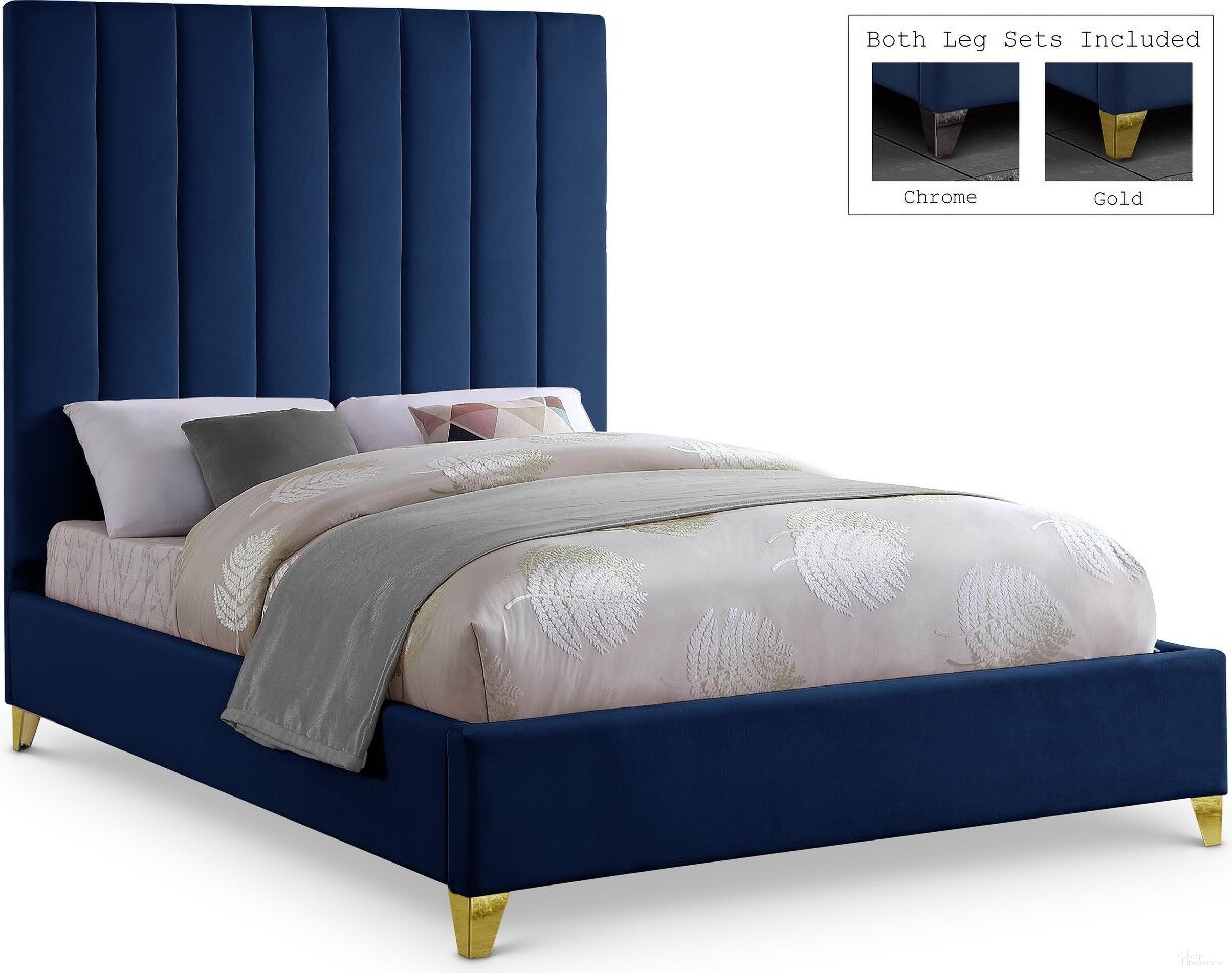 Via Velvet Queen Bed In Navy
