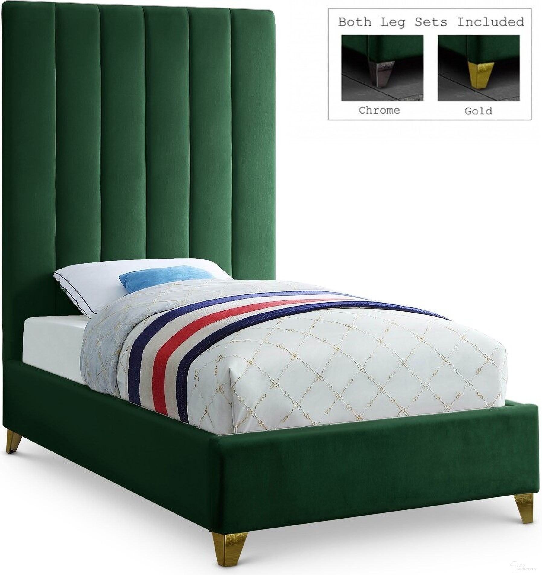 The appearance of Via Velvet Twin Bed In Green designed by Meridian in the modern / contemporary interior design. This green piece of furniture was selected by 1StopBedrooms from Via Collection to add a touch of cosiness and style into your home. Sku: ViaGreen-T Box 1/2 (HB/Slats);ViaGreen-T Box 2/2 (Sidrails/FB/Metal Bar/Hardware/Legs). Bed Type: Platform Bed. Bed Size: Twin. Material: Velvet.