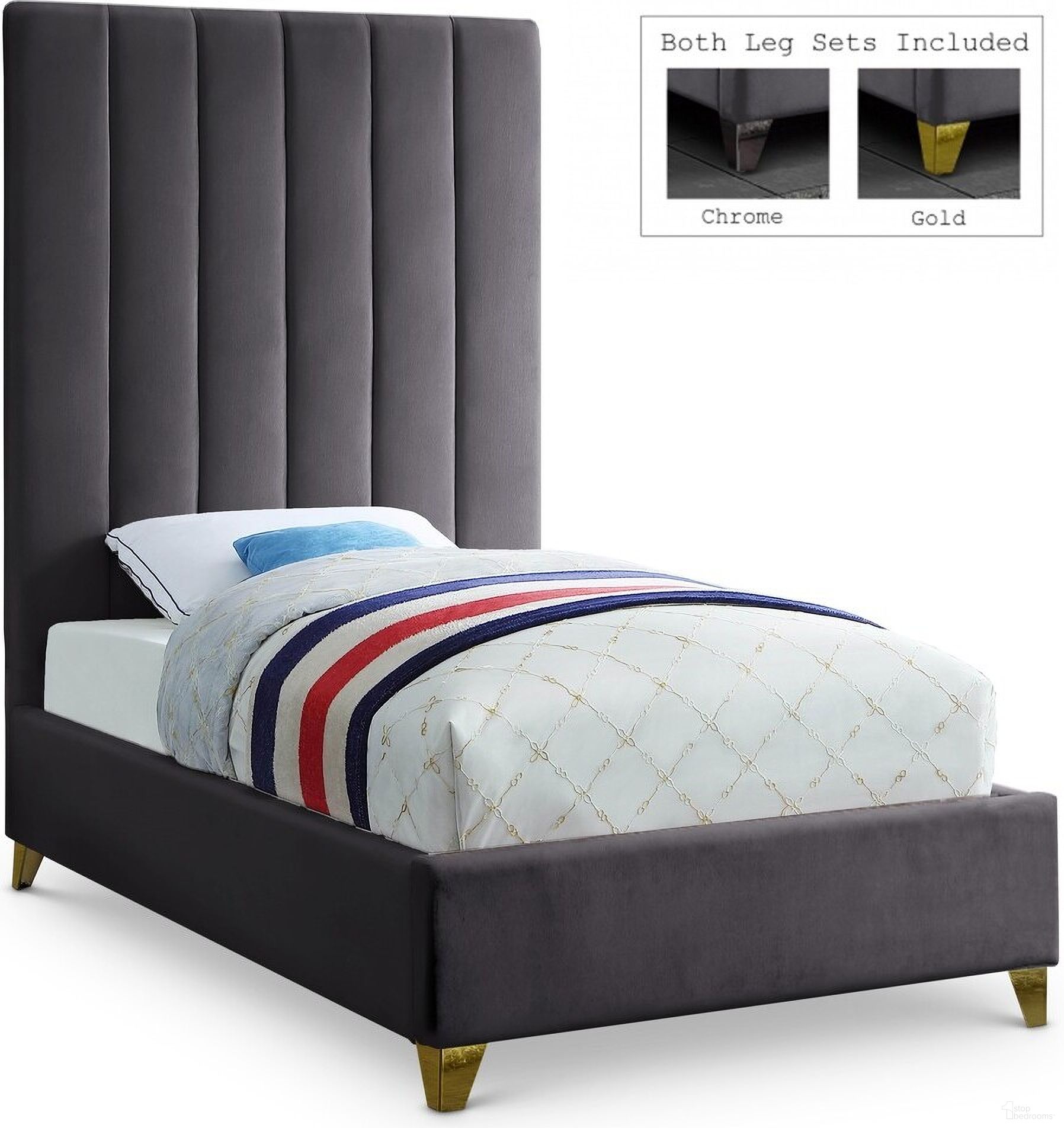 The appearance of Via Velvet Twin Bed In Grey designed by Meridian in the modern / contemporary interior design. This grey piece of furniture was selected by 1StopBedrooms from Via Collection to add a touch of cosiness and style into your home. Sku: ViaGrey-T Box 1/2 (HB/Slats);ViaGrey-T Box 2/2 (Sidrails/FB/Metal Bar/Hardware/Legs). Bed Type: Platform Bed. Bed Size: Twin. Material: Velvet.
