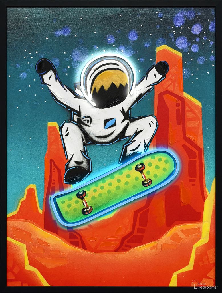 Vibrant Kuiper Belt Kick-Flip by Joy Hernandez - 33" x 25" - Hand-Embellished LED Canvas In Orange/Black/White