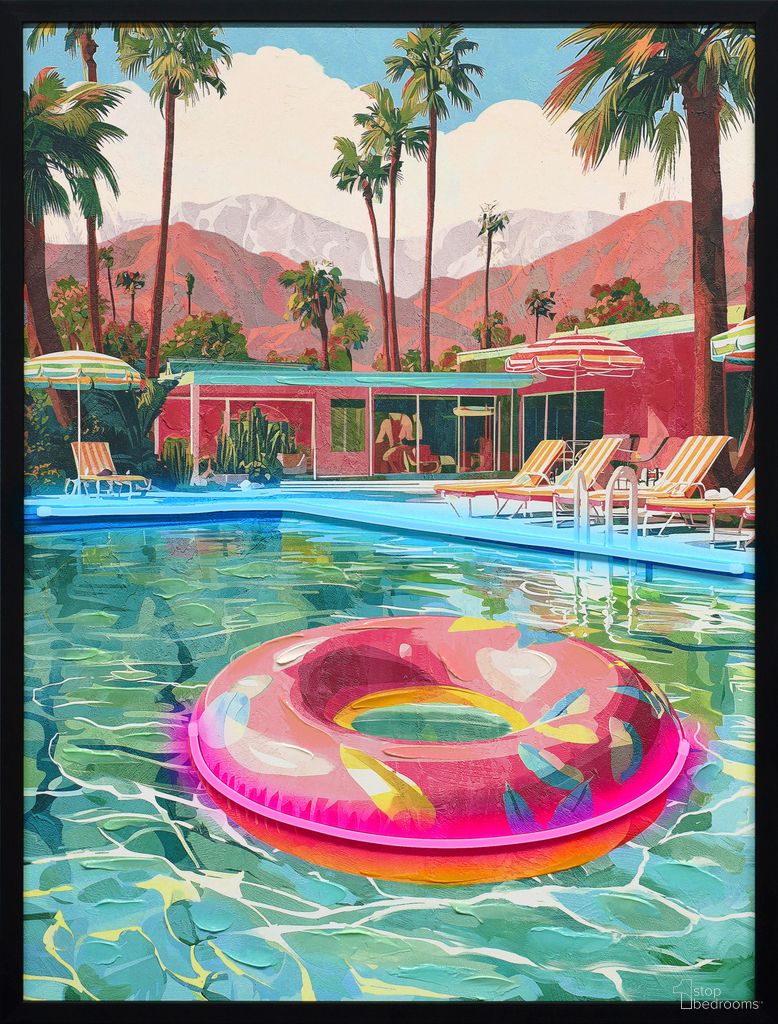 Vibrant Poolside Escape - 33" x 25" - Hand-Embellished LED Canvas In Green and Pink