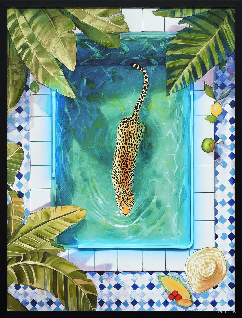 Vibrant Poolside Prowl - 33" x 25" - Hand-Embellished LED Canvas In Blue/Green/Yellow
