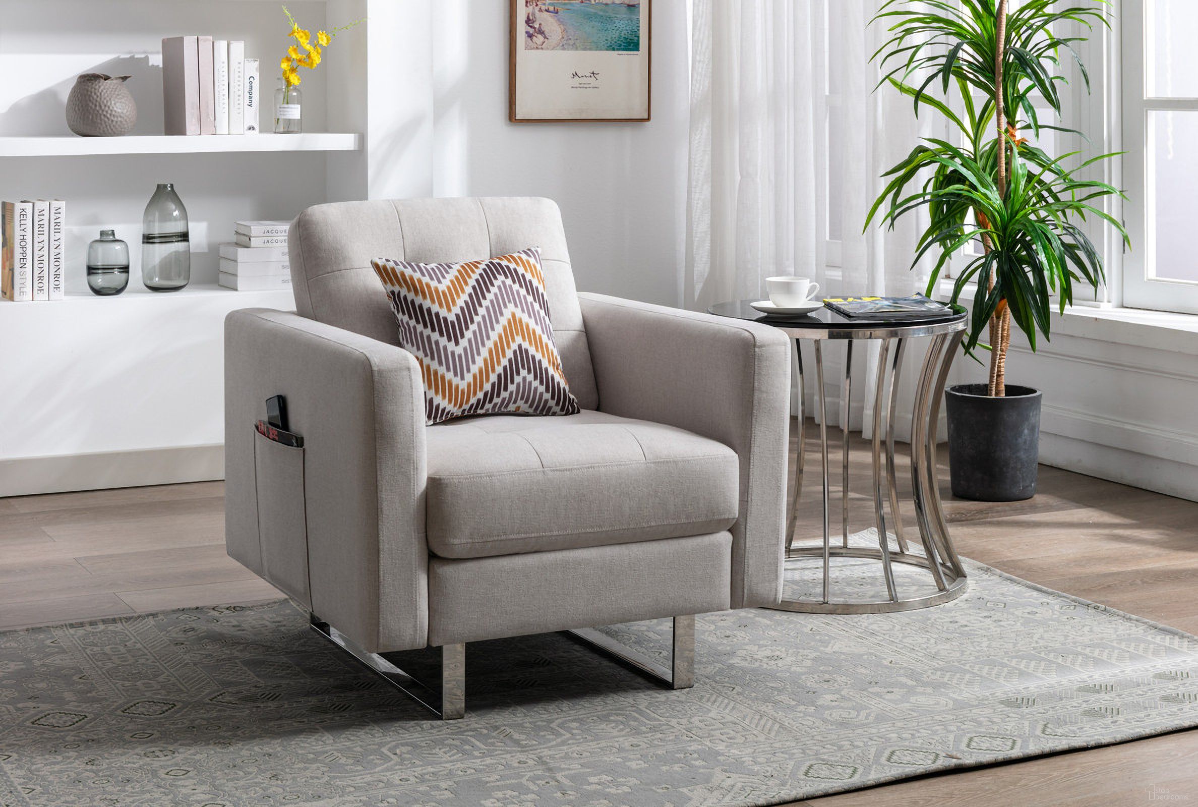 The appearance of Victoria Beige Linen Fabric Armchair designed by Lilola Home in the modern / contemporary interior design. This beige piece of furniture  was selected by 1StopBedrooms from Victoria Collection to add a touch of cosiness and style into your home. Sku: 88865BE-C. Material: Linen.