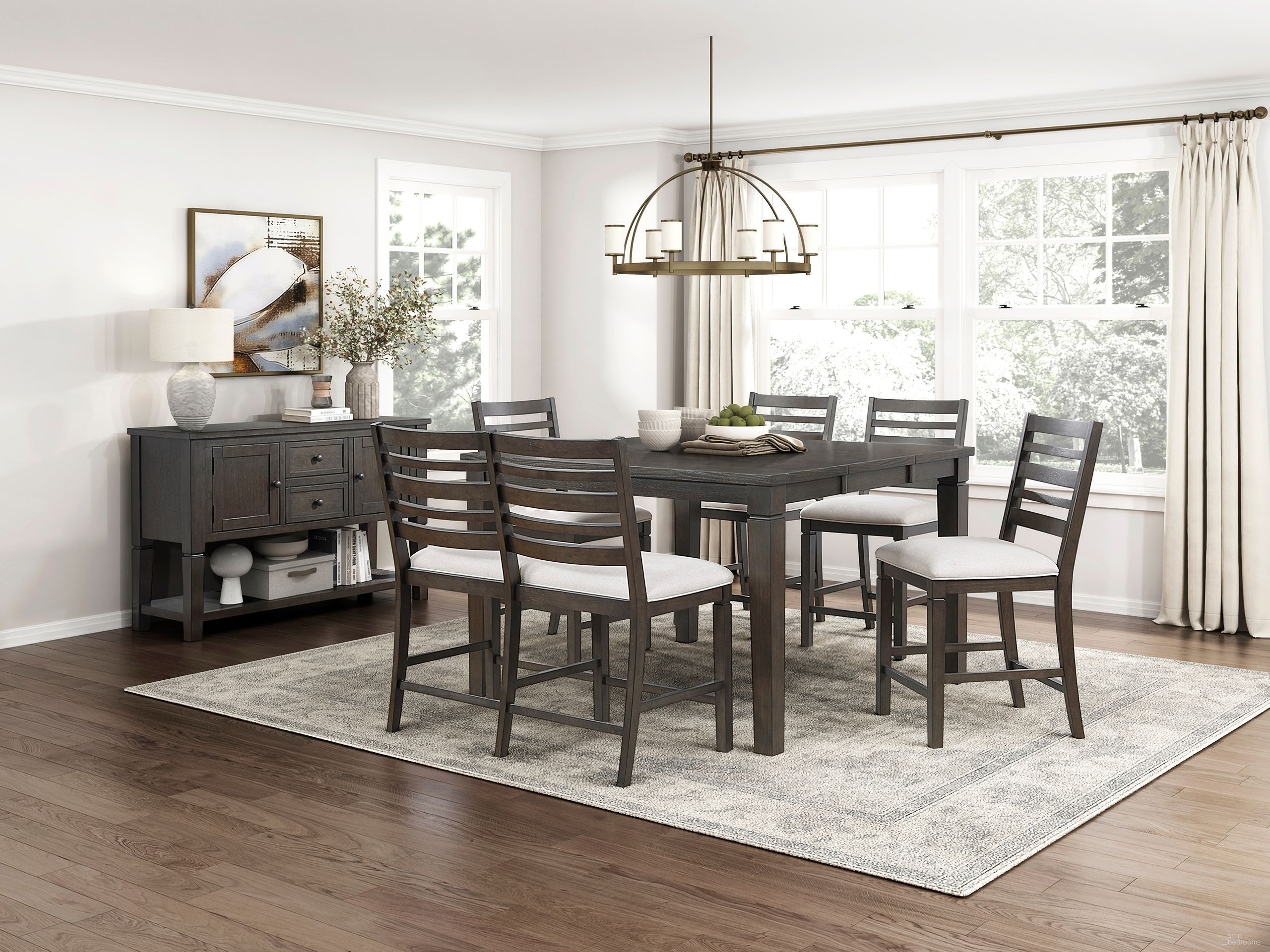 The appearance of Victoria Counter Height Dining Room Set In Brown designed by Homelegance in the transitional interior design. This brown piece of furniture was selected by 1StopBedrooms from Victoria Collection to add a touch of cosiness and style into your home. Sku: 6023-36;6023-24. Material: Wood. Table Top Shape: Rectangular. Size: 54" x 36".
