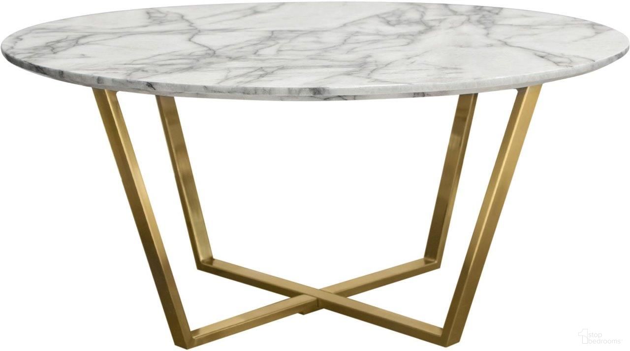 Vida 35 Inch Round Cocktail Table With Faux Marble Top and Brushed Gold Metal Frame
