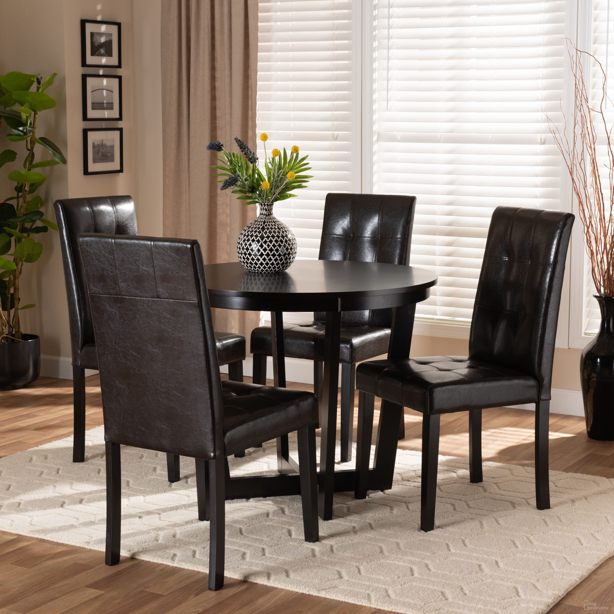 The appearance of Vida Faux Leather Upholstered and Wood 5-Piece Dining Set In Dark Brown designed by Baxton Studio in the modern / contemporary interior design. This dark brown piece of furniture was selected by 1StopBedrooms from Vida Collection to add a touch of cosiness and style into your home. Sku: Vida-Dark Brown-5PC Dining Set. Table Base Style: Trestle. Table Top Shape: Round. Material: Faux Leather. Size: 35".