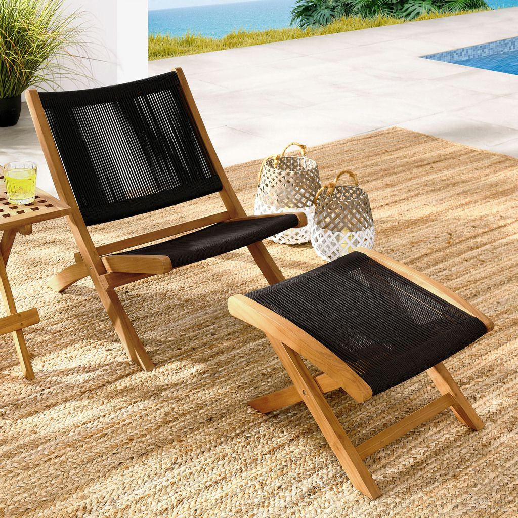 The appearance of Vienna 2-Piece Outdoor Patio Teak and Rope Folding Accent Lounge Chair and Ottoman Set In Natural Black designed by Modway in the modern / contemporary interior design. This natural black piece of furniture  was selected by 1StopBedrooms from Vienna Collection to add a touch of cosiness and style into your home. Sku: EEI-6808-NAT-BLK;EEI-6809-NAT-BLK. Material: Teak.