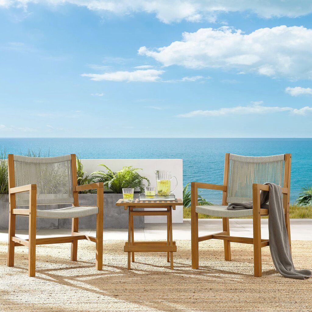 The appearance of Vienna 3-Piece Outdoor Patio Teak and Rope Armchairs With Folding Side Table In Natural designed by Modway in the modern / contemporary interior design. This natural piece of furniture was selected by 1StopBedrooms from Vienna Collection to add a touch of cosiness and style into your home. Sku: EEI-6806-NAT-NAT;EEI-6810-NAT. Material: Teak.