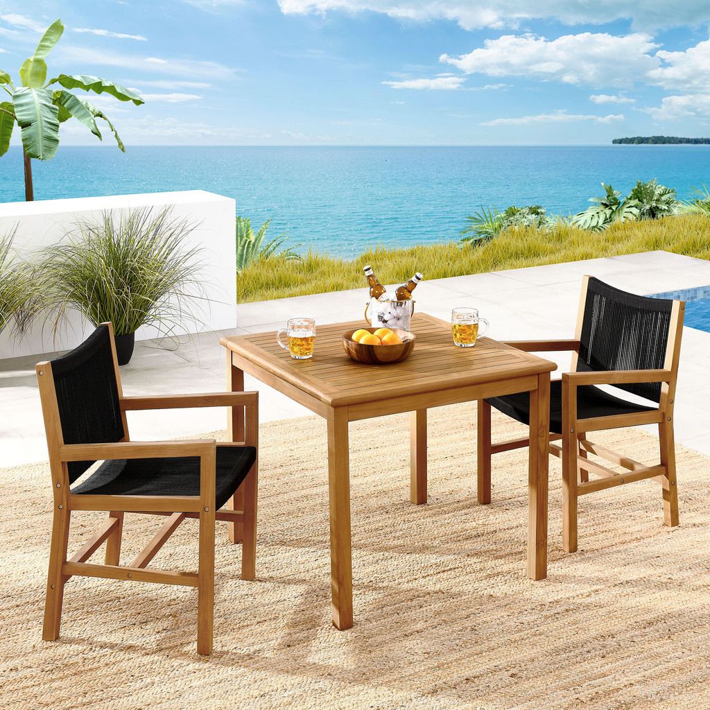 The appearance of Vienna 3-Piece Outdoor Patio Teak and Rope Dining Set With Armchairs In Natural Black designed by Modway in the modern / contemporary interior design. This natural black piece of furniture was selected by 1StopBedrooms from Vienna Collection to add a touch of cosiness and style into your home. Sku: EEI-6806-NAT-BLK;EEI-6814-NAT. Table Base Style: Legs. Table Top Shape: Rectangular. Material: Teak.