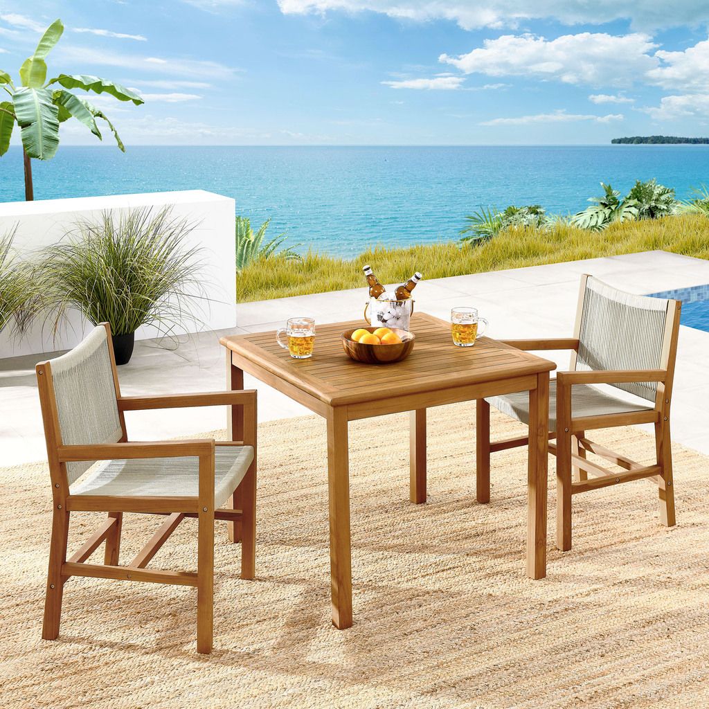 The appearance of Vienna 3-Piece Outdoor Patio Teak and Rope Dining Set With Armchairs In Natural designed by Modway in the modern / contemporary interior design. This natural piece of furniture was selected by 1StopBedrooms from Vienna Collection to add a touch of cosiness and style into your home. Sku: EEI-6806-NAT-NAT;EEI-6814-NAT. Table Base Style: Legs. Table Top Shape: Rectangular. Material: Teak.