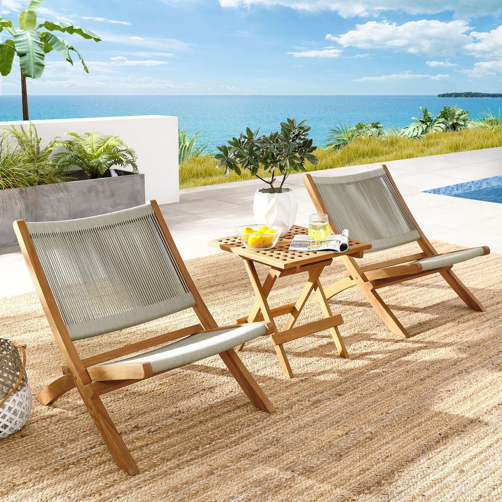 The appearance of Vienna 3-Piece Outdoor Patio Teak and Rope Folding Lounge Chairs and Side Table In Natural designed by Modway in the modern / contemporary interior design. This natural piece of furniture was selected by 1StopBedrooms from Vienna Collection to add a touch of cosiness and style into your home. Sku: EEI-6808-NAT-NAT;EEI-6810-NAT;EEI-6808-NAT-NAT. Material: Teak.
