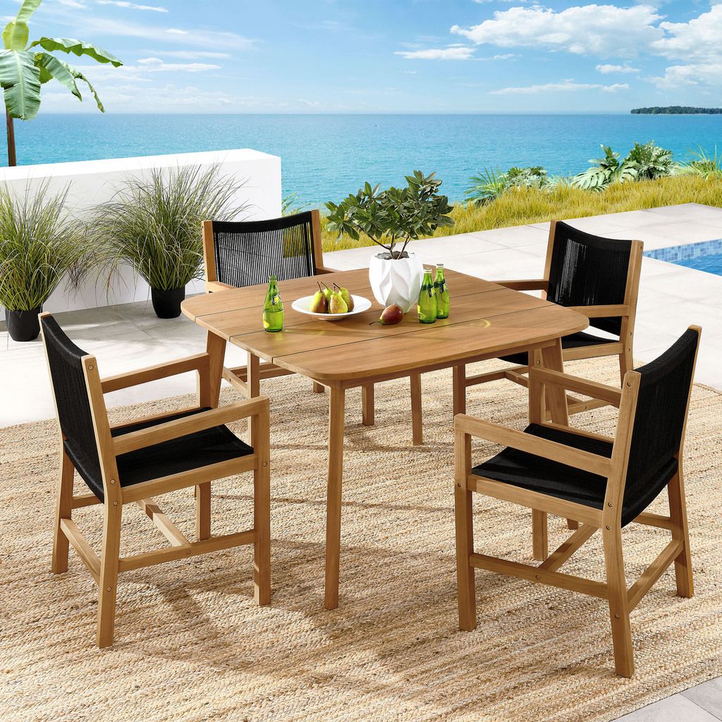 The appearance of Vienna 5-Piece Outdoor Patio Teak and Rope Dining Set With Armchairs In Natural Black designed by Modway in the modern / contemporary interior design. This natural black piece of furniture was selected by 1StopBedrooms from Vienna Collection to add a touch of cosiness and style into your home. Sku: EEI-6806-NAT-BLK;EEI-6815-NAT;EEI-6806-NAT-BLK. Table Base Style: Legs. Table Top Shape: Square. Material: Teak.