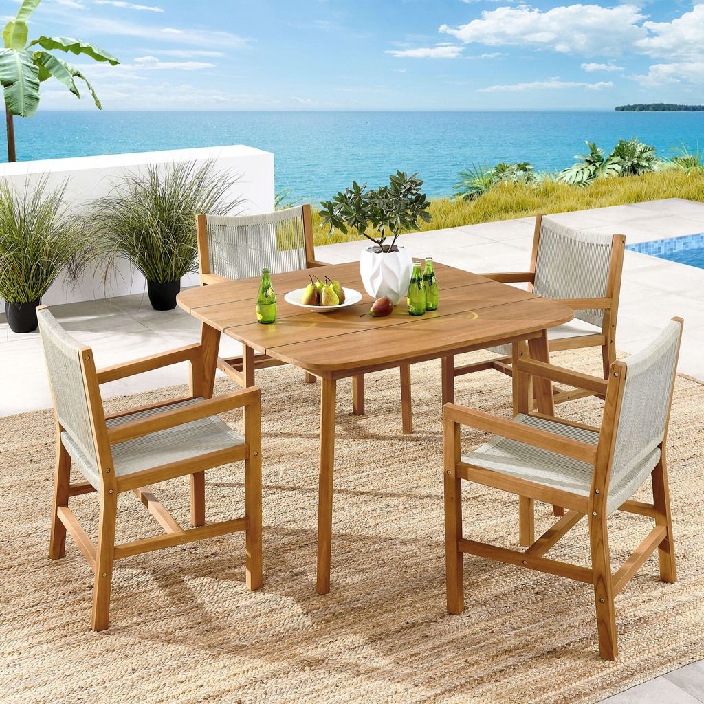 The appearance of Vienna 5-Piece Outdoor Patio Teak and Rope Dining Set With Armchairs In Natural designed by Modway in the modern / contemporary interior design. This natural piece of furniture  was selected by 1StopBedrooms from Vienna Collection to add a touch of cosiness and style into your home. Sku: EEI-6806-NAT-NAT;EEI-6815-NAT;EEI-6806-NAT-NAT. Table Base Style: Legs. Table Top Shape: Square. Material: Teak.