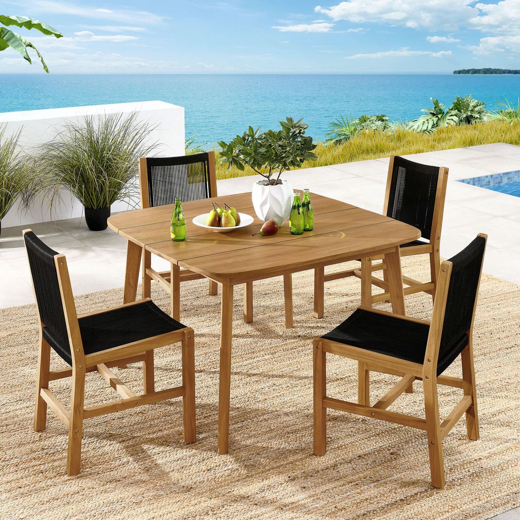 The appearance of Vienna 5-Piece Outdoor Patio Teak and Rope Dining Set With Armless Chairs In Natural Black designed by Modway in the modern / contemporary interior design. This natural black piece of furniture was selected by 1StopBedrooms from Vienna Collection to add a touch of cosiness and style into your home. Sku: EEI-6805-NAT-BLK;EEI-6815-NAT;EEI-6805-NAT-BLK. Table Base Style: Legs. Table Top Shape: Square. Material: Teak.