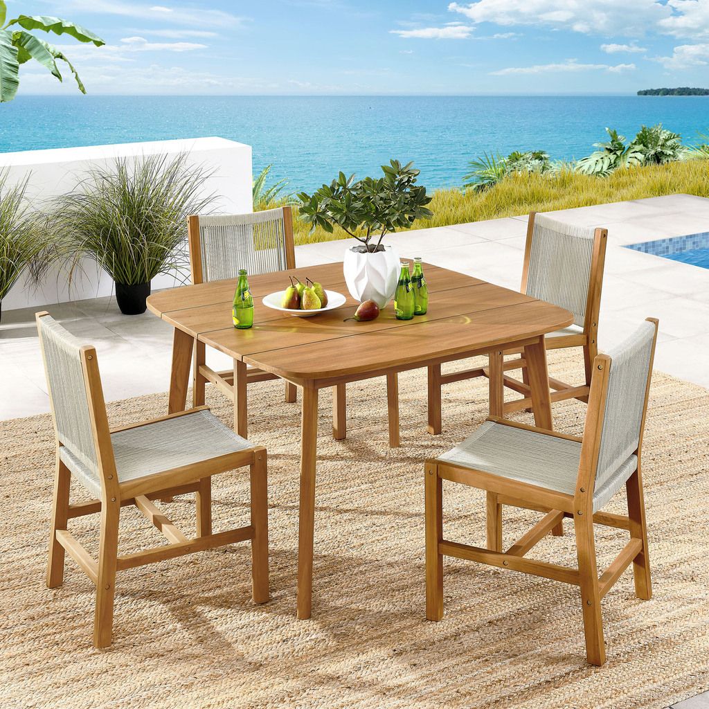 The appearance of Vienna 5-Piece Outdoor Patio Teak and Rope Dining Set With Armless Chairs In Natural designed by Modway in the modern / contemporary interior design. This natural piece of furniture  was selected by 1StopBedrooms from Vienna Collection to add a touch of cosiness and style into your home. Sku: EEI-6805-NAT-NAT;EEI-6815-NAT;EEI-6805-NAT-NAT. Table Base Style: Legs. Table Top Shape: Square. Material: Teak.