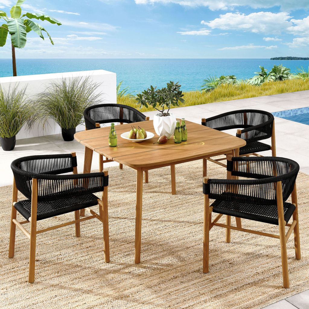 The appearance of Vienna 5-Piece Outdoor Patio Teak and Rope Dining Set With Curved-Back Armchairs In Natural Black designed by Modway in the modern / contemporary interior design. This natural black piece of furniture was selected by 1StopBedrooms from Vienna Collection to add a touch of cosiness and style into your home. Sku: EEI-6811-NAT-BLK;EEI-6815-NAT;EEI-6811-NAT-BLK. Table Base Style: Legs. Table Top Shape: Square. Material: Teak.